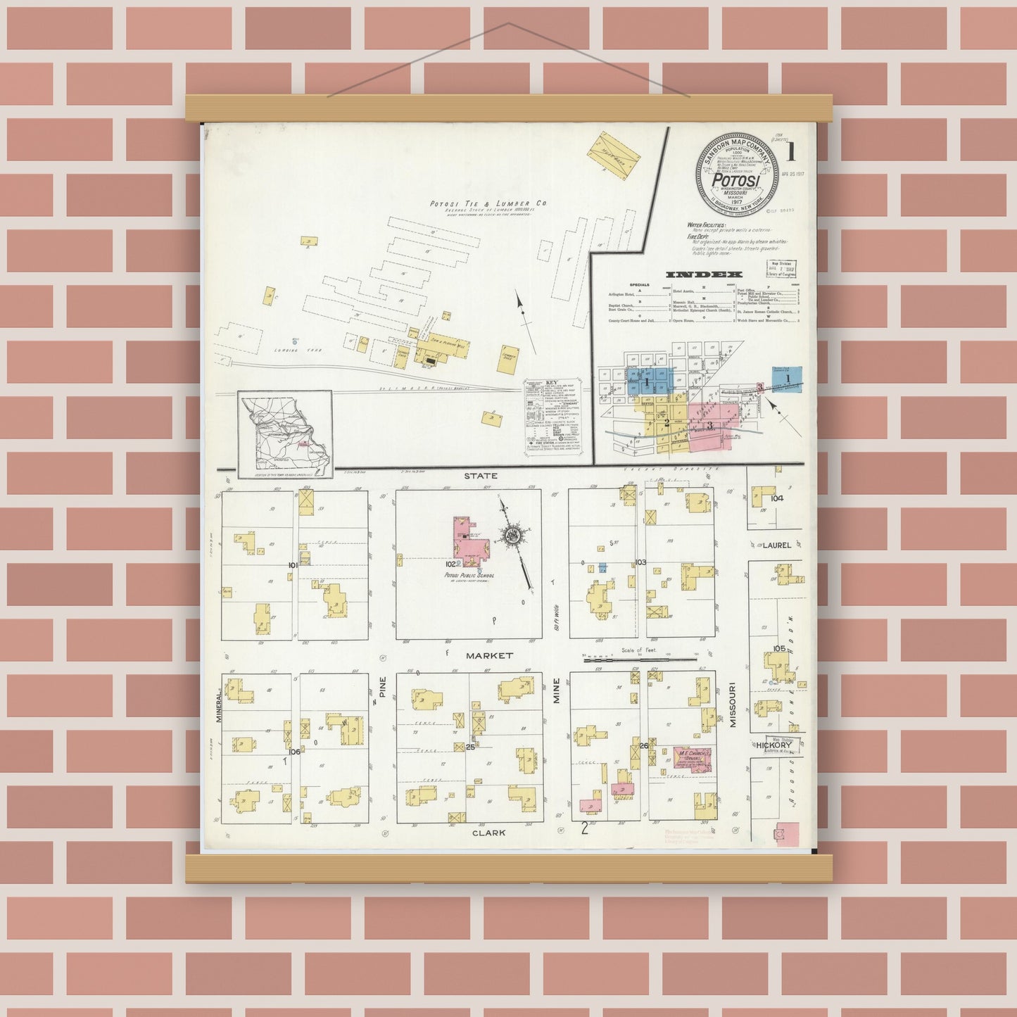 Old map wall art mockup — magnetic wood frame on brick wall — Sanborn Fire Insurance Map from Potosi, Washington County, Missouri (1917), Sheet #0001