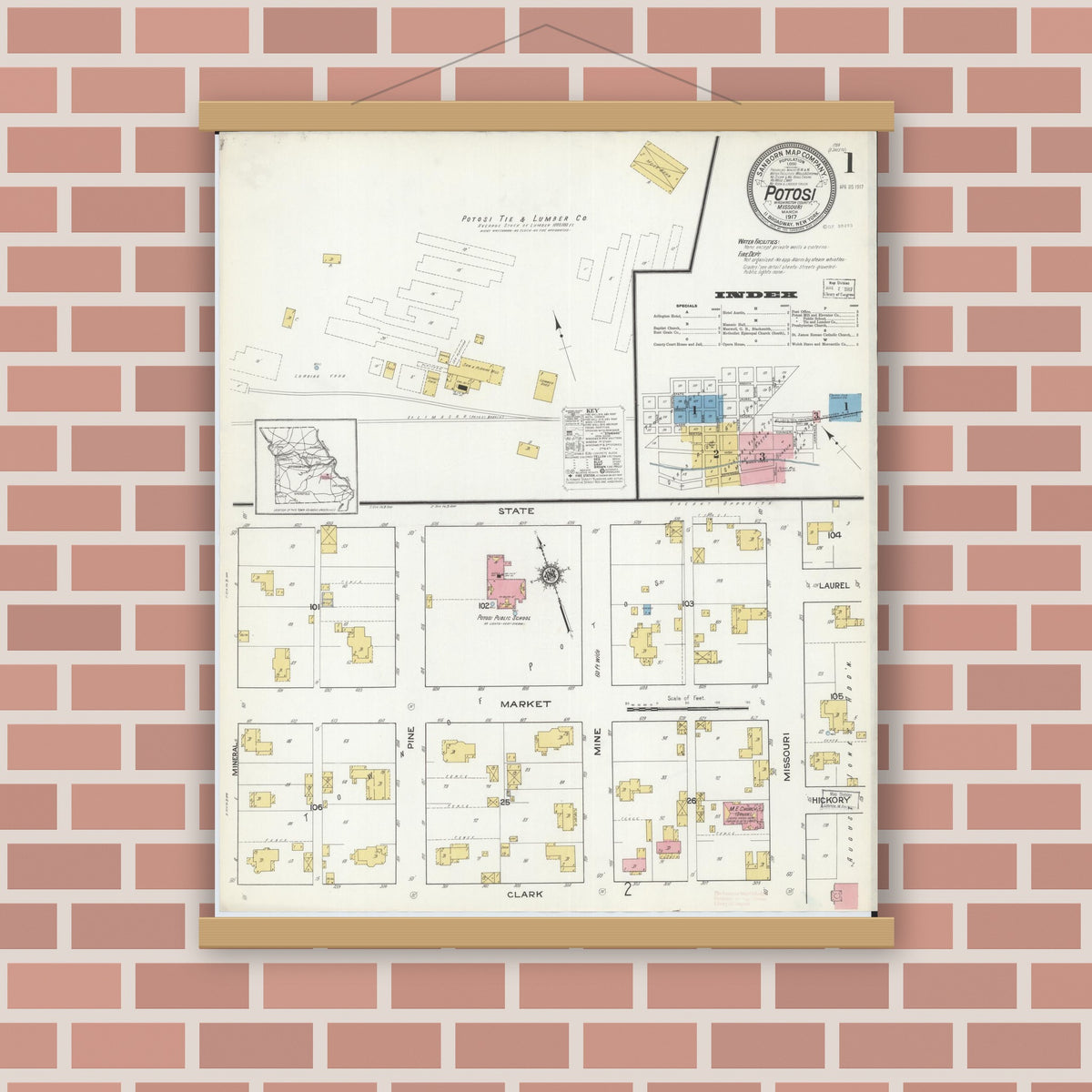 Old map wall art mockup — magnetic wood frame on brick wall — Sanborn Fire Insurance Map from Potosi, Washington County, Missouri (1917), Sheet #0001
