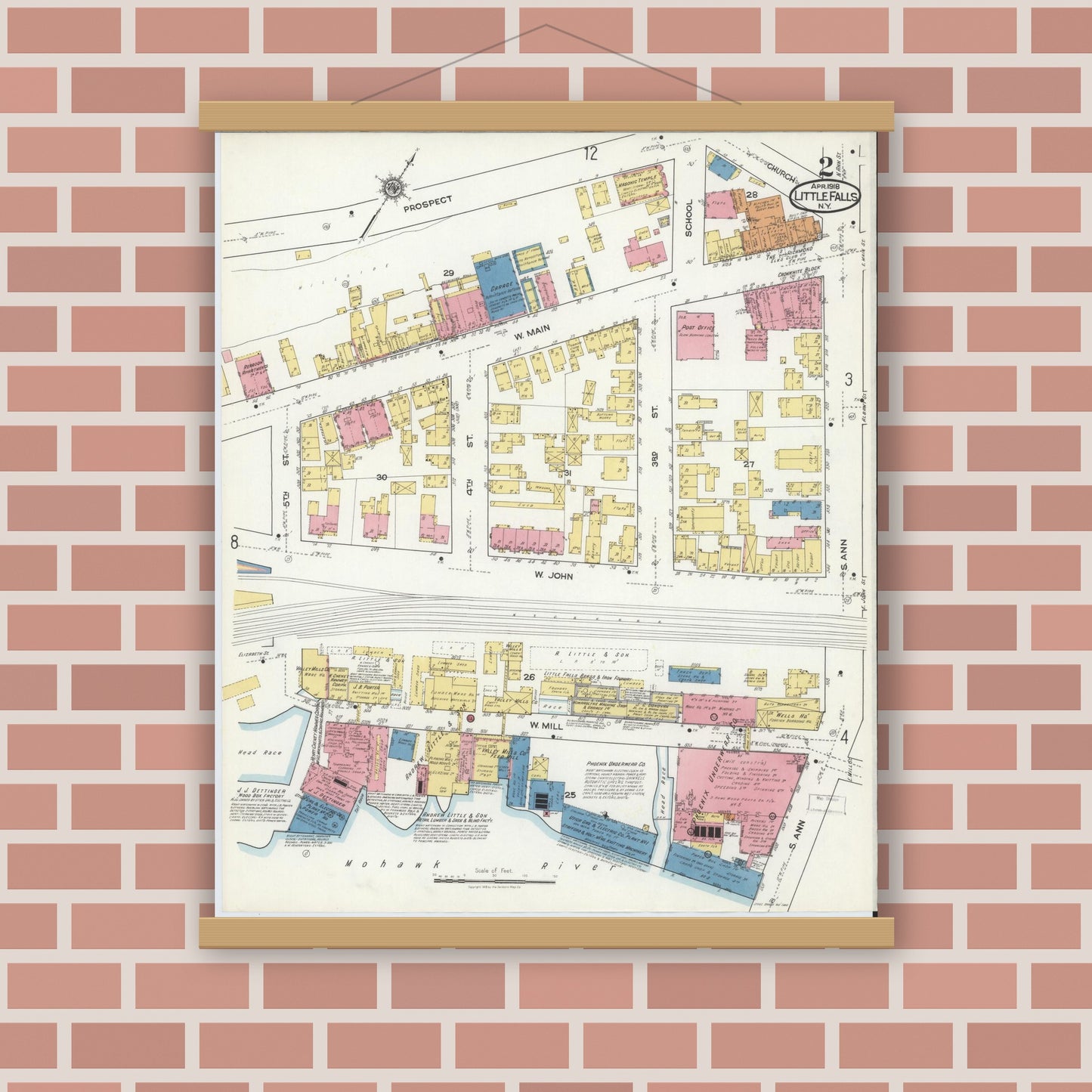 Old map wall art mockup — magnetic wood frame on brick wall — Sanborn Fire Insurance Map from Little Falls, Herkimer County, New York (1918) - Complete Map Set