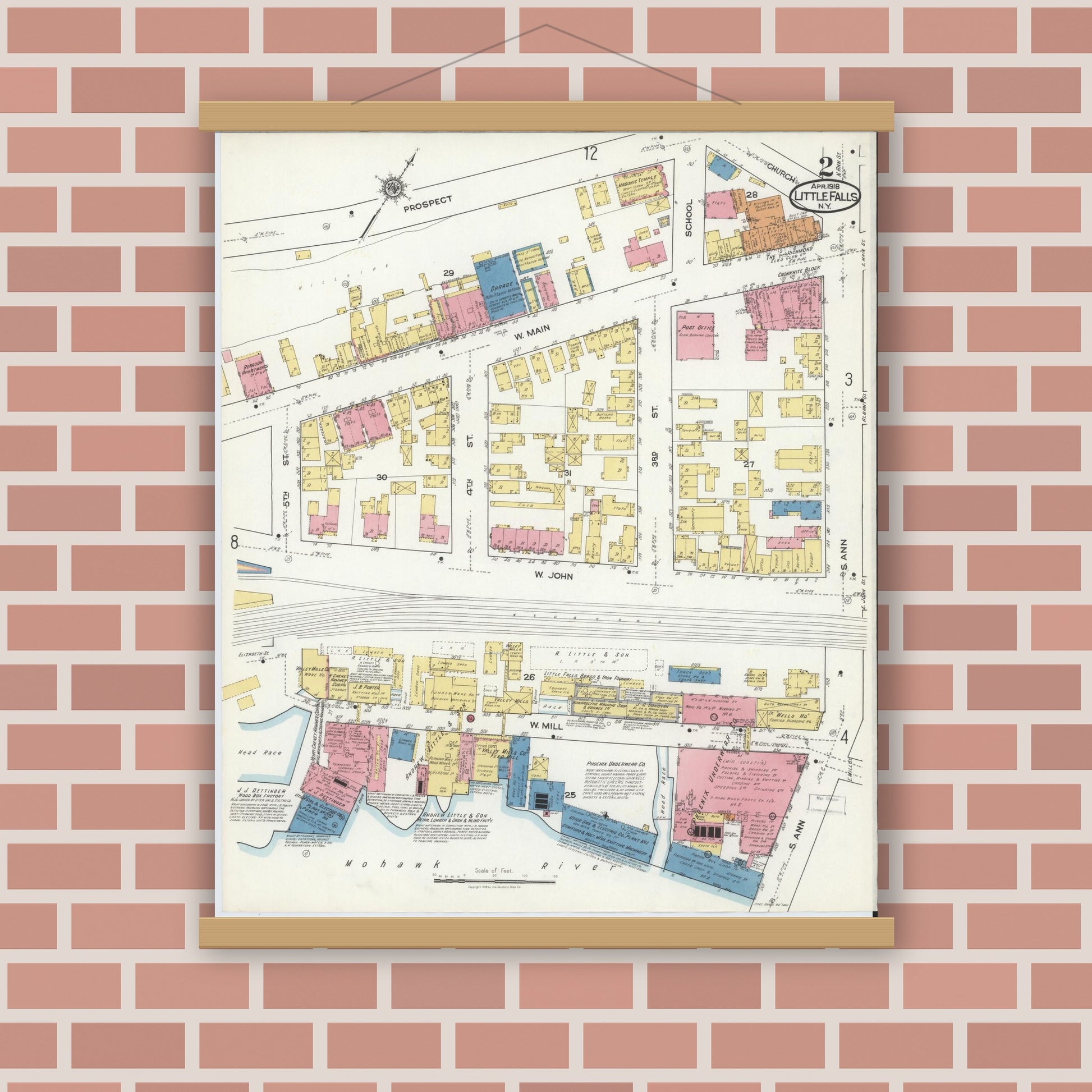 Old map wall art mockup — magnetic wood frame on brick wall — Sanborn Fire Insurance Map from Little Falls, Herkimer County, New York (1918) - Complete Map Set