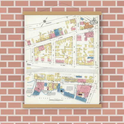Old map wall art mockup — magnetic wood frame on brick wall — Sanborn Fire Insurance Map from Little Falls, Herkimer County, New York (1918) - Complete Map Set