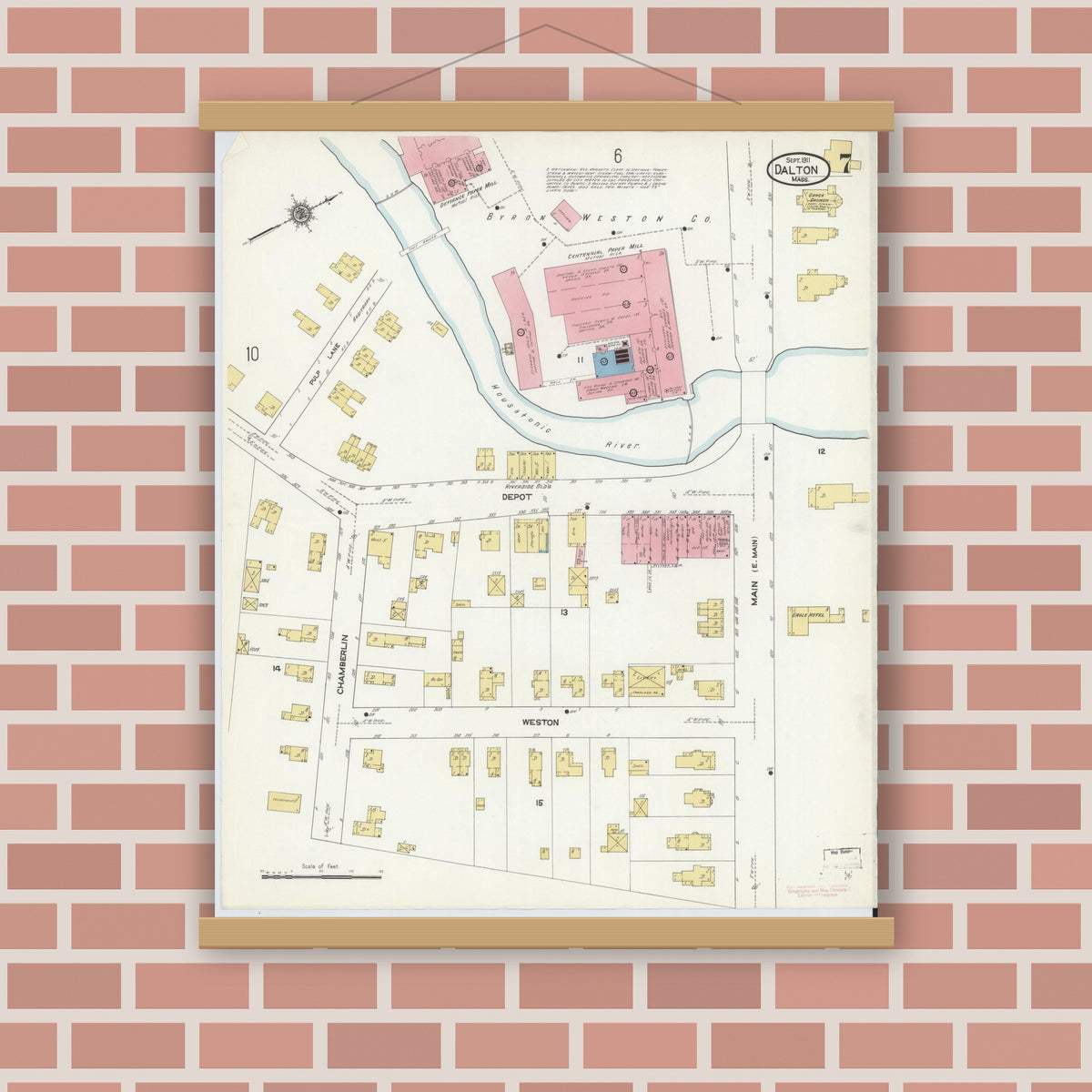 Old map wall art mockup — magnetic wood frame on brick wall — Sanborn Fire Insurance Map from Dalton, Berkshire County, Massachusetts (1911), Sheet #0007