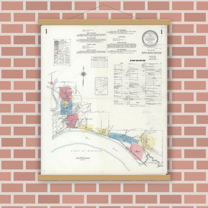 Old map wall art mockup — magnetic wood frame on brick wall — Sanborn Fire Insurance Map from Cleves, Hamilton County, Ohio (1938) - Complete Map Set