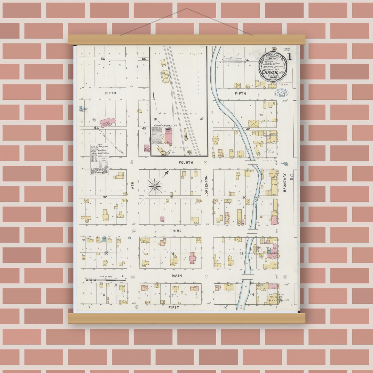Old map wall art mockup — magnetic wood frame on brick wall — Sanborn Fire Insurance Map from Carver, Carver County, Minnesota (1894), Sheet #0001