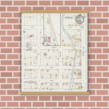 Old map wall art mockup — magnetic wood frame on brick wall — Sanborn Fire Insurance Map from Carver, Carver County, Minnesota (1894), Sheet #0001