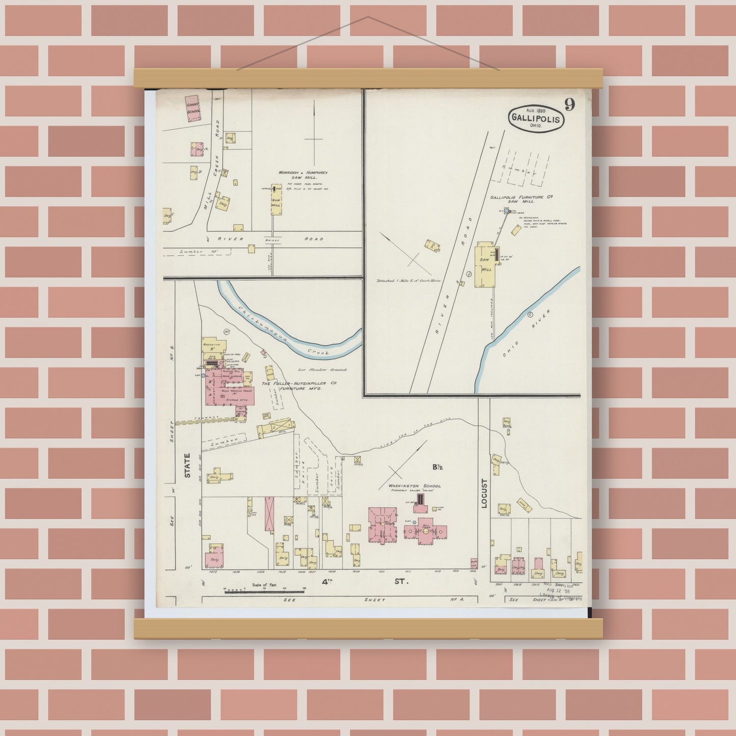 Old map wall art mockup — magnetic wood frame on brick wall — Sanborn Fire Insurance Map from Gallipolis, Gallia County, Ohio (1890), Sheet #0009