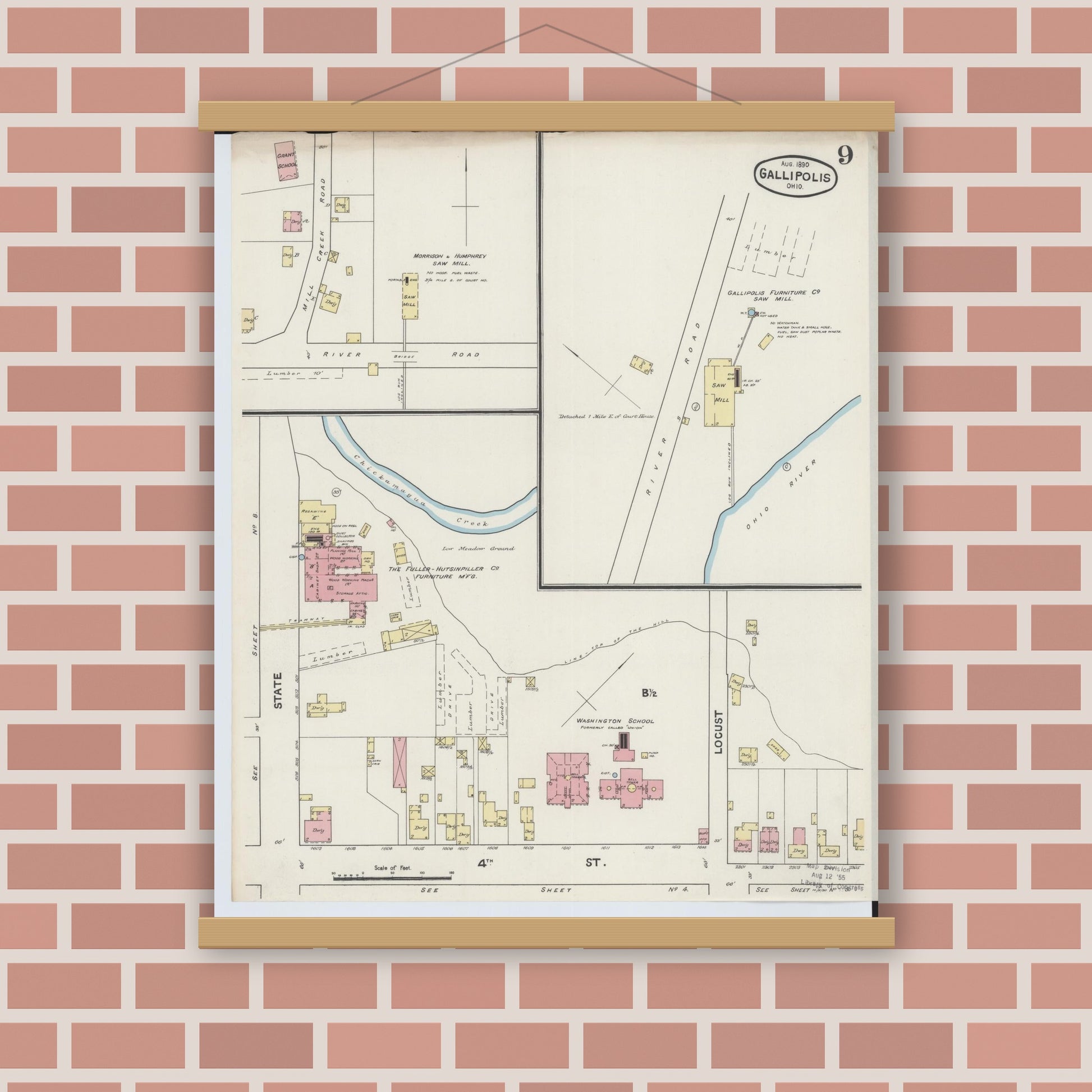 Old map wall art mockup — magnetic wood frame on brick wall — Sanborn Fire Insurance Map from Gallipolis, Gallia County, Ohio (1890), Sheet #0009