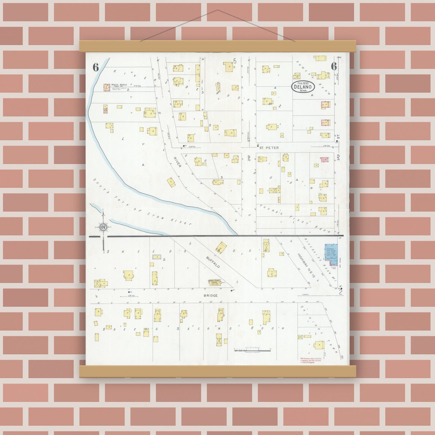 Old map wall art mockup — magnetic wood frame on brick wall — Sanborn Fire Insurance Map from Delano, Wright County, Minnesota (1930), Sheet #0006