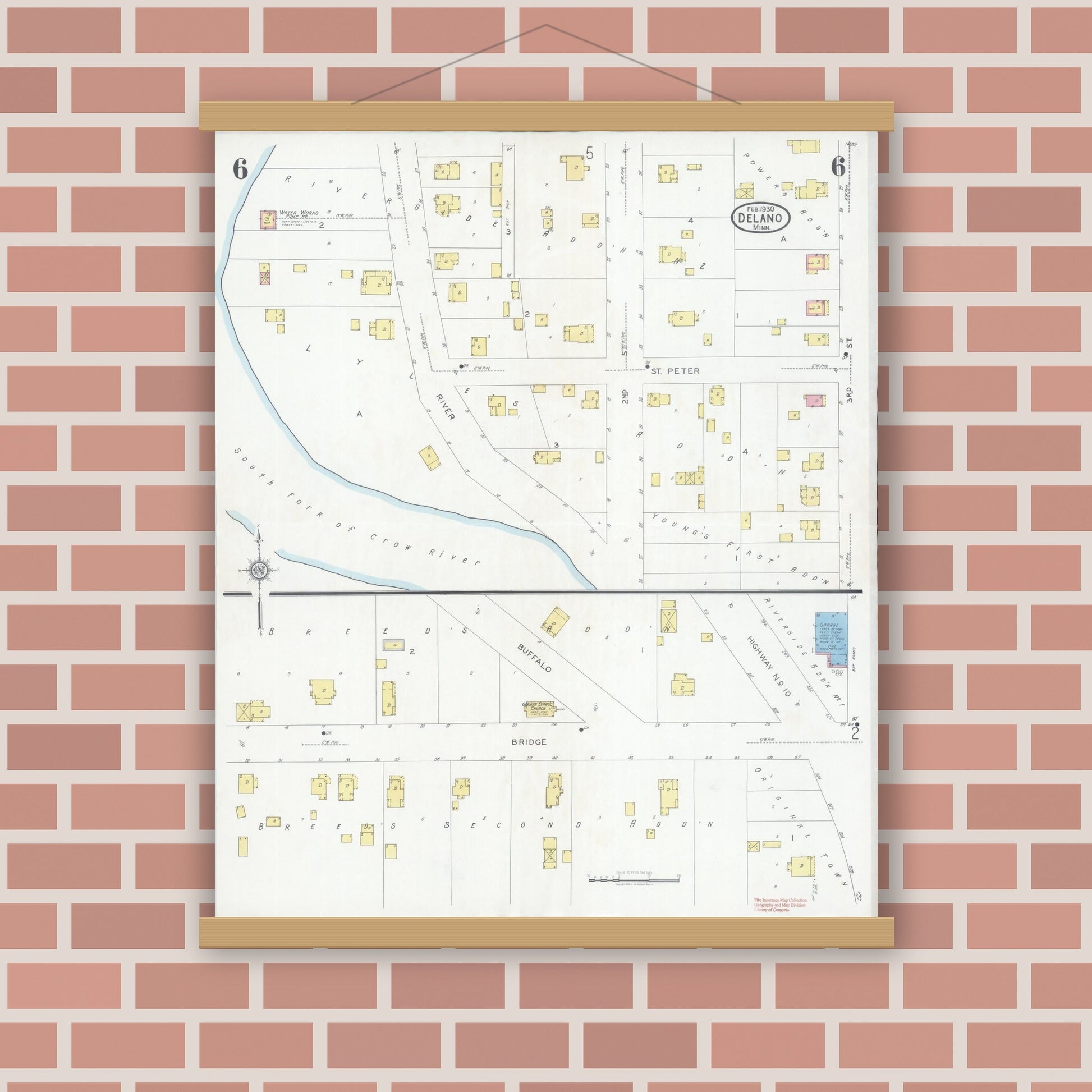 Old map wall art mockup — magnetic wood frame on brick wall — Sanborn Fire Insurance Map from Delano, Wright County, Minnesota (1930), Sheet #0006