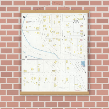 Old map wall art mockup — magnetic wood frame on brick wall — Sanborn Fire Insurance Map from Delano, Wright County, Minnesota (1930), Sheet #0006