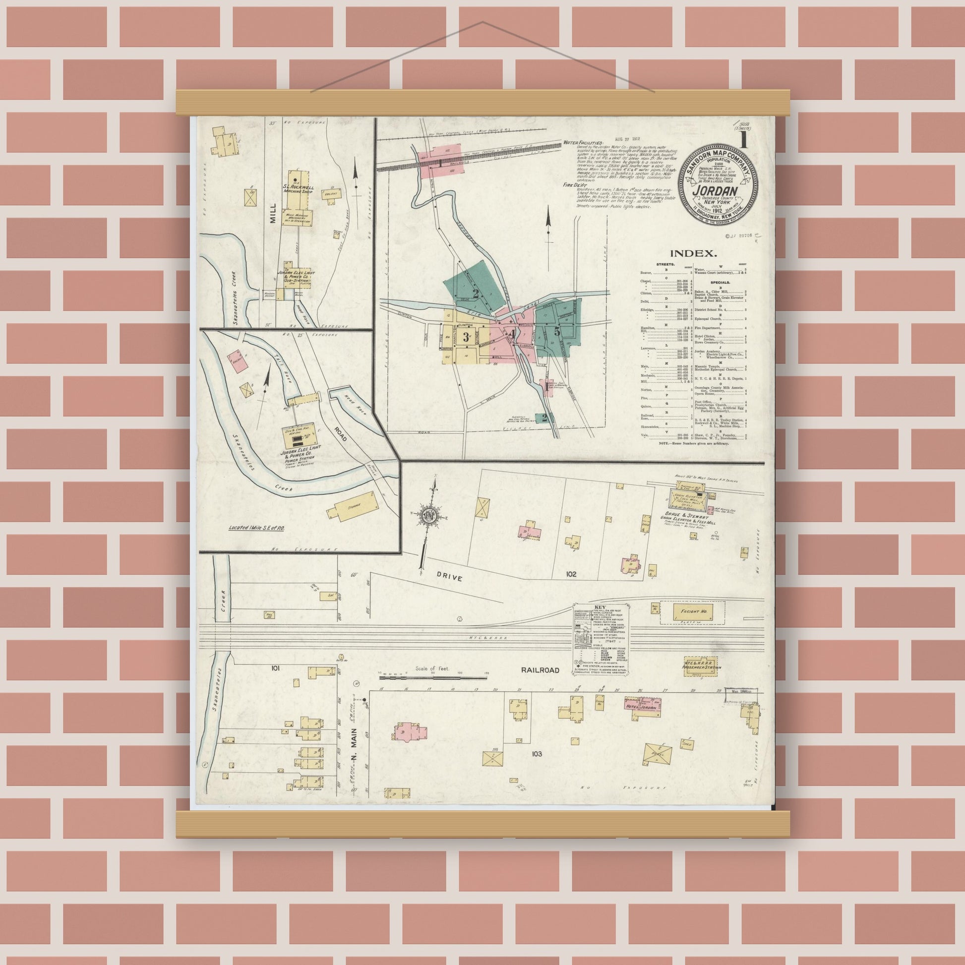 Old map wall art mockup — magnetic wood frame on brick wall — Sanborn Fire Insurance Map from Jordan, Onondaga County, New York (1912), Sheet #0001