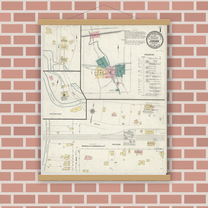 Old map wall art mockup — magnetic wood frame on brick wall — Sanborn Fire Insurance Map from Jordan, Onondaga County, New York (1912), Sheet #0001