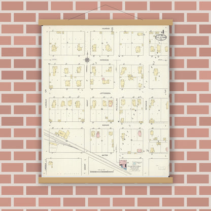 Old map wall art mockup — magnetic wood frame on brick wall — Sanborn Fire Insurance Map from Sullivan, Moultrie County, Illinois (1914), Sheet #0004