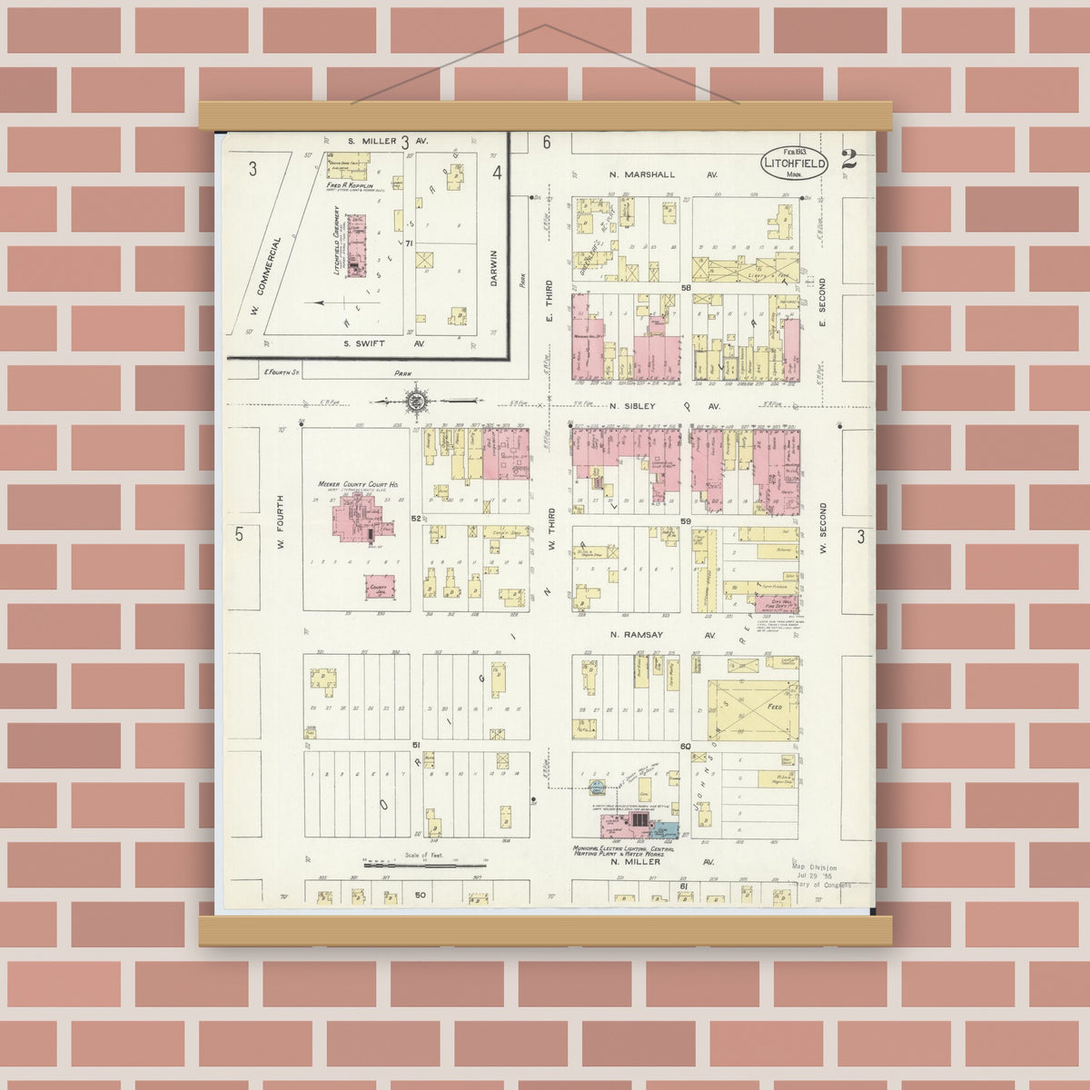 Old map wall art mockup — magnetic wood frame on brick wall — Sanborn Fire Insurance Map from Litchfield, Meeker County, Minnesota (1913), Sheet #0002