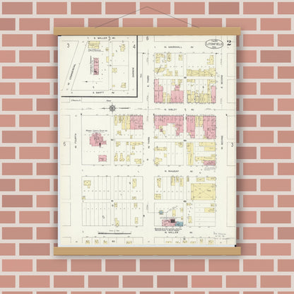 Old map wall art mockup — magnetic wood frame on brick wall — Sanborn Fire Insurance Map from Litchfield, Meeker County, Minnesota (1913), Sheet #0002