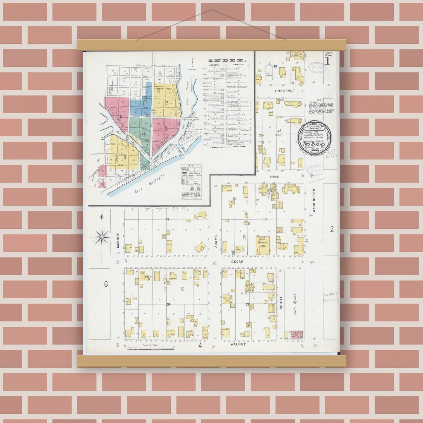 Old map wall art mockup — magnetic wood frame on brick wall — Sanborn Fire Insurance Map from Two Rivers, Manitowoc County, Wisconsin (1898), Sheet #0001