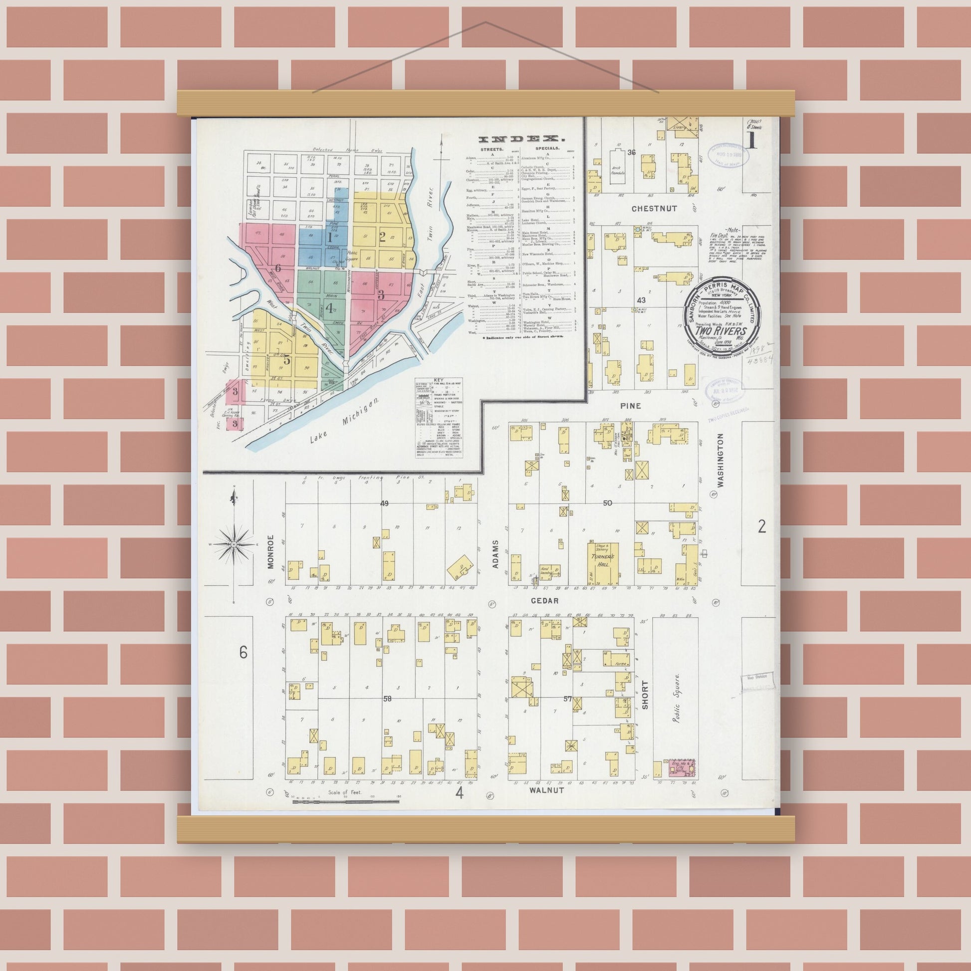 Old map wall art mockup — magnetic wood frame on brick wall — Sanborn Fire Insurance Map from Two Rivers, Manitowoc County, Wisconsin (1898), Sheet #0001