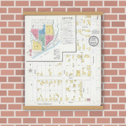 Old map wall art mockup — magnetic wood frame on brick wall — Sanborn Fire Insurance Map from Two Rivers, Manitowoc County, Wisconsin (1898), Sheet #0001