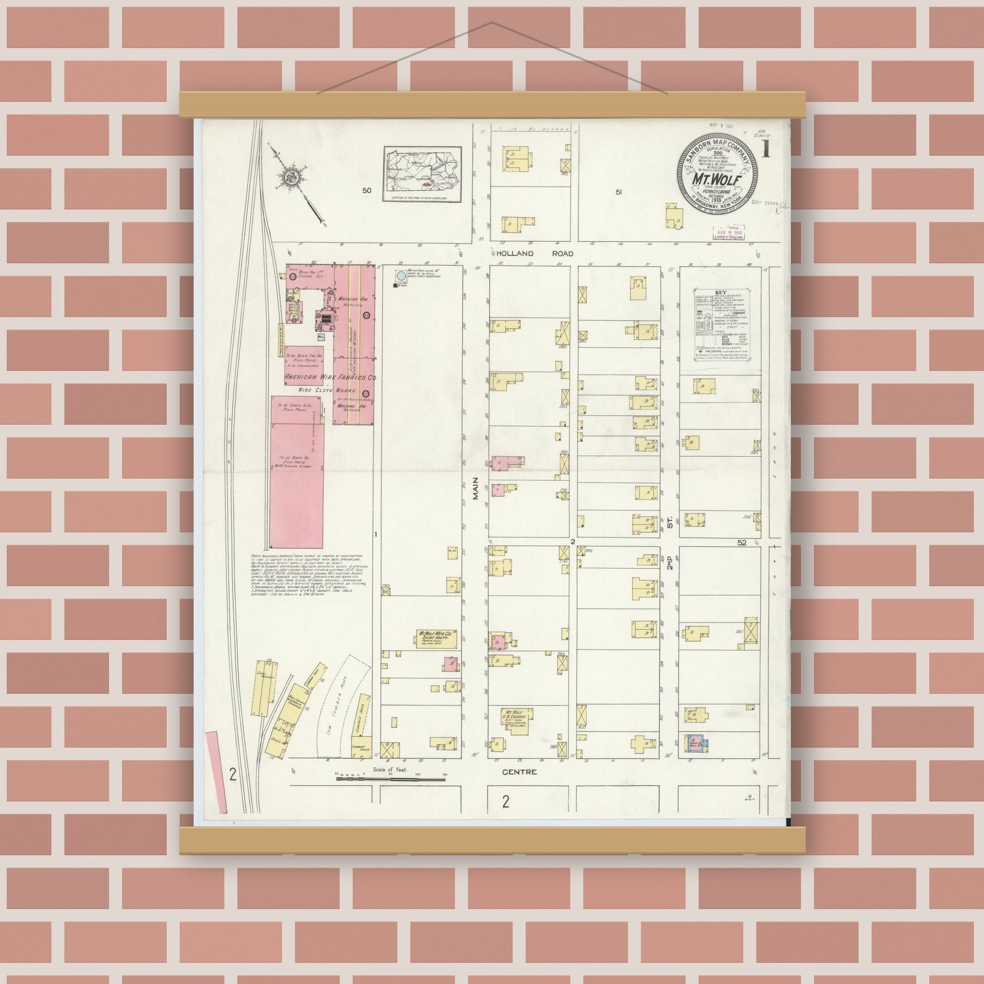 Old map wall art mockup — magnetic wood frame on brick wall — Sanborn Fire Insurance Map from Mount Wolf, York County, Pennsylvania (1913) - Complete Map Set
