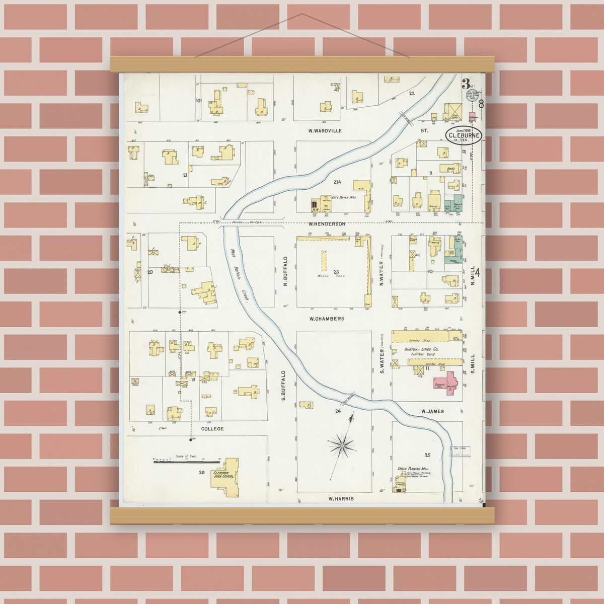 Old map wall art mockup — magnetic wood frame on brick wall — Sanborn Fire Insurance Map from Cleburne, Johnson County, Texas (1898), Sheet #0003