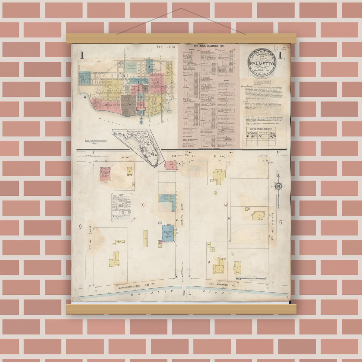 Old map wall art mockup — magnetic wood frame on brick wall — Sanborn Fire Insurance Map from Palmetto, Manatee County, Florida (1944) - Complete Map Set
