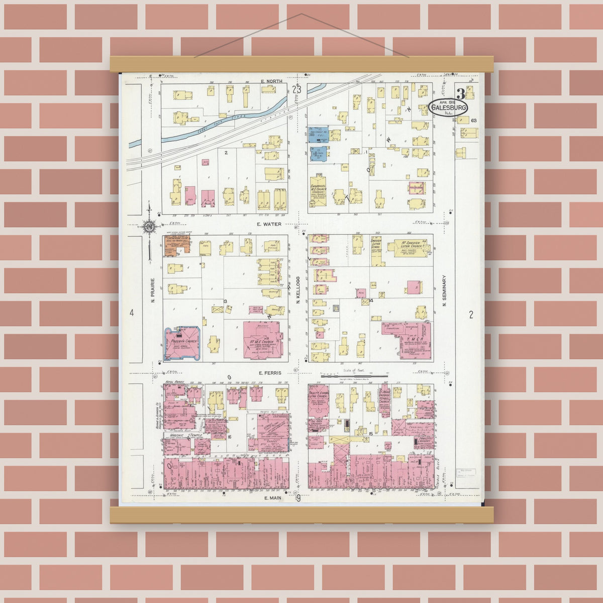 Old map wall art mockup — magnetic wood frame on brick wall — Sanborn Fire Insurance Map from Galesburg, Knox County, Illinois (1918), Sheet #0003