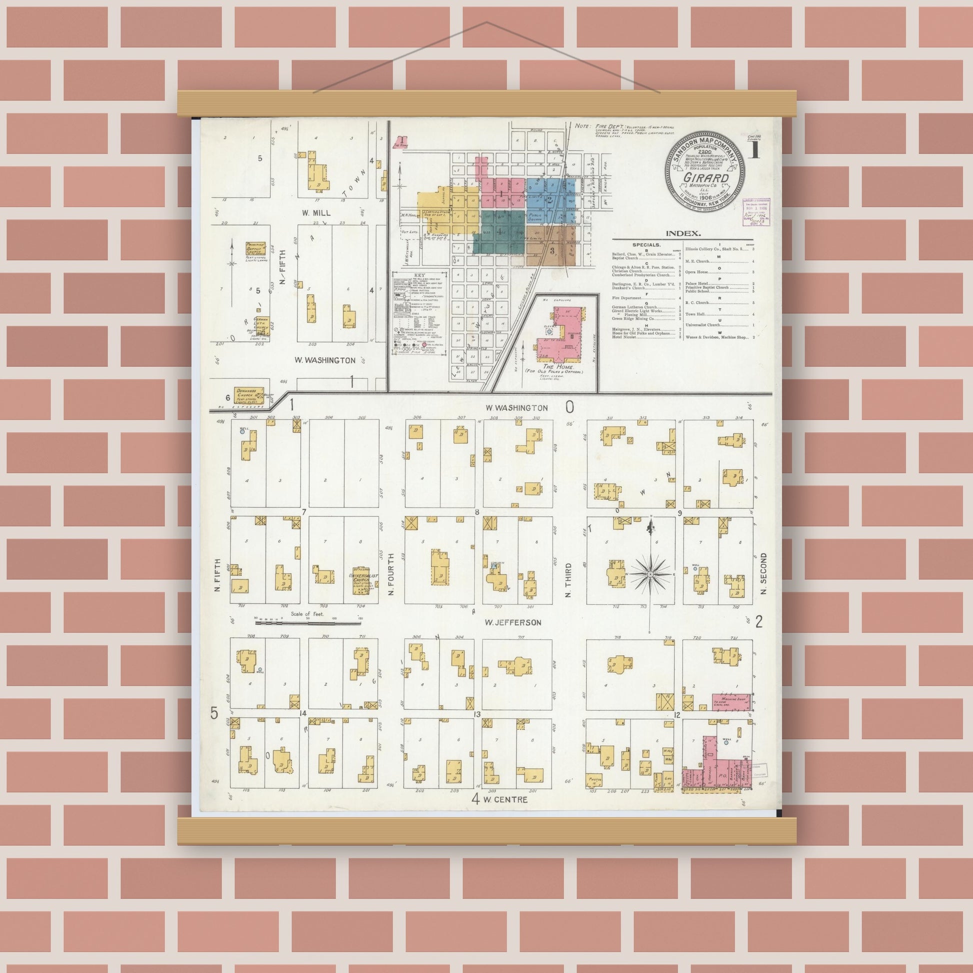 Old map wall art mockup — magnetic wood frame on brick wall — Sanborn Fire Insurance Map from Girard, Macoupin County, Illinois (1906) - Complete Map Set