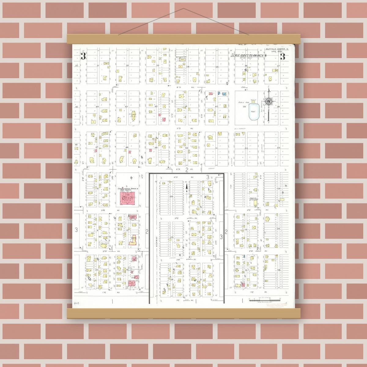 Old map wall art mockup — magnetic wood frame on brick wall — Sanborn Fire Insurance Map from Buffalo Center, Winnebago County, Iowa (1942), Sheet #0003