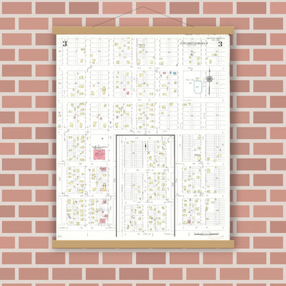 Old map wall art mockup — magnetic wood frame on brick wall — Sanborn Fire Insurance Map from Buffalo Center, Winnebago County, Iowa (1942), Sheet #0003