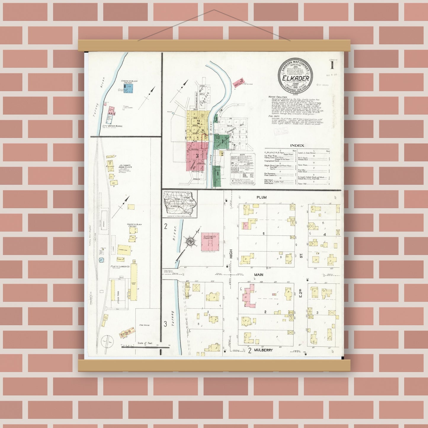 Old map wall art mockup — magnetic wood frame on brick wall — Sanborn Fire Insurance Map from Elkader, Clayton County, Iowa (1913) â€” Complete Set