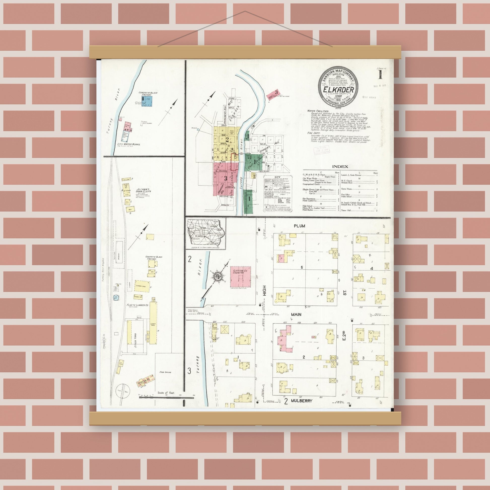 Old map wall art mockup — magnetic wood frame on brick wall — Sanborn Fire Insurance Map from Elkader, Clayton County, Iowa (1913) â€” Complete Set