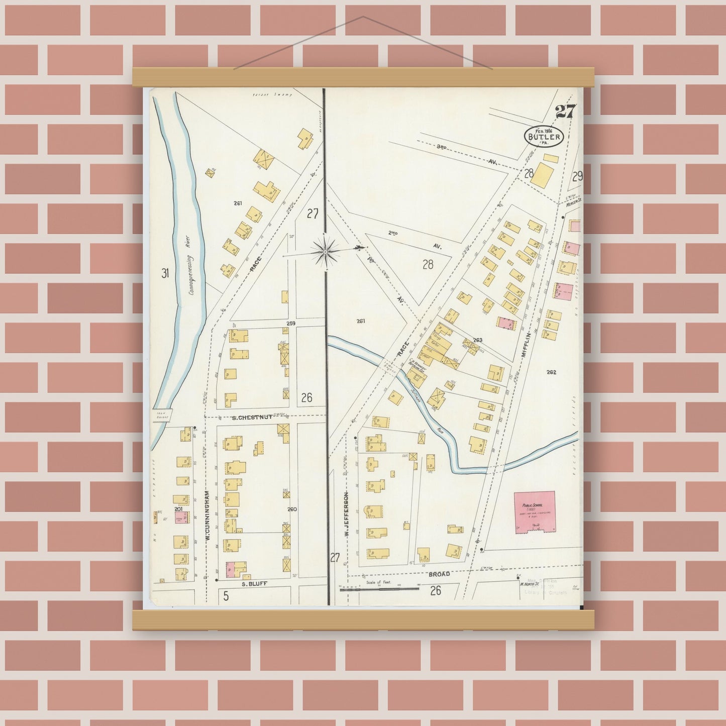 Old map wall art mockup — magnetic wood frame on brick wall — Sanborn Fire Insurance Map from Butler, Butler County, Pennsylvania (1906), Sheet #0027