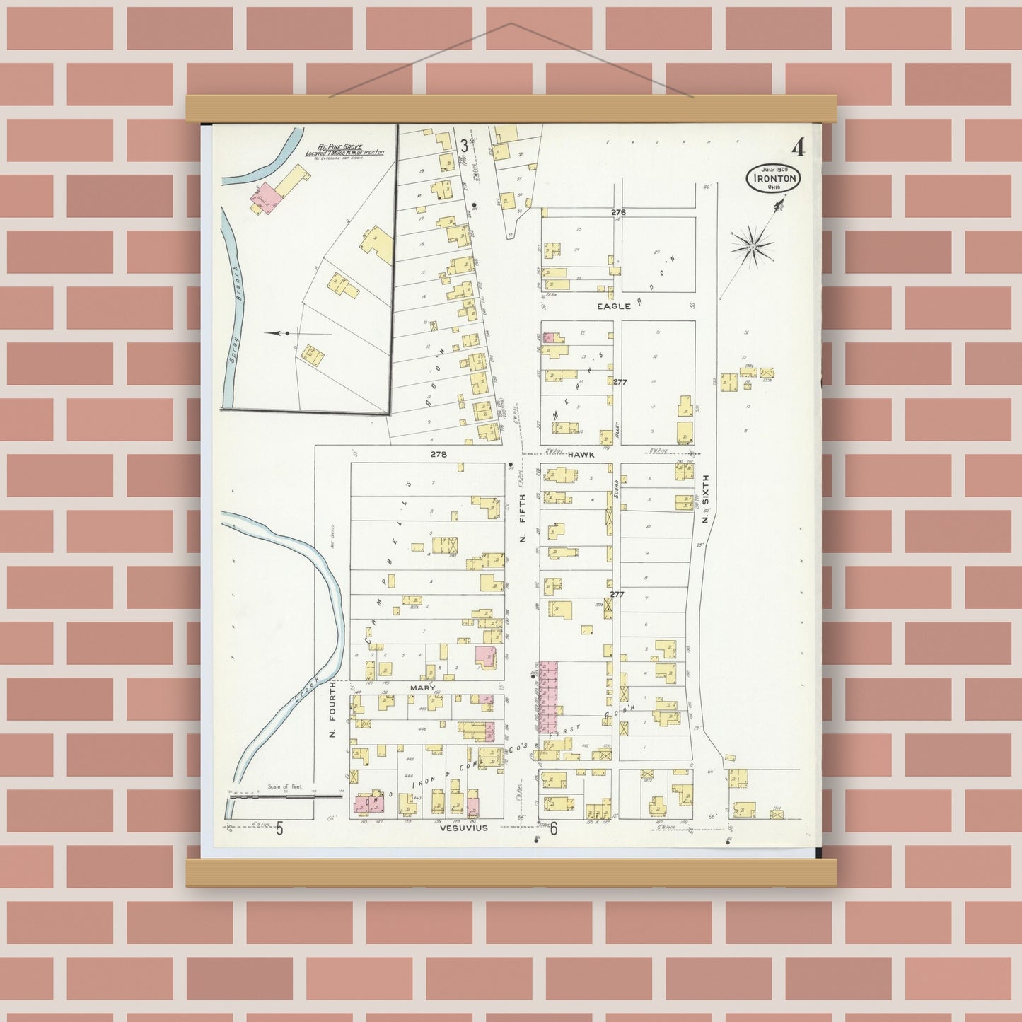 Old map wall art mockup — magnetic wood frame on brick wall — Sanborn Fire Insurance Map from Ironton, Lawrence County, Ohio (1909), Sheet #0004