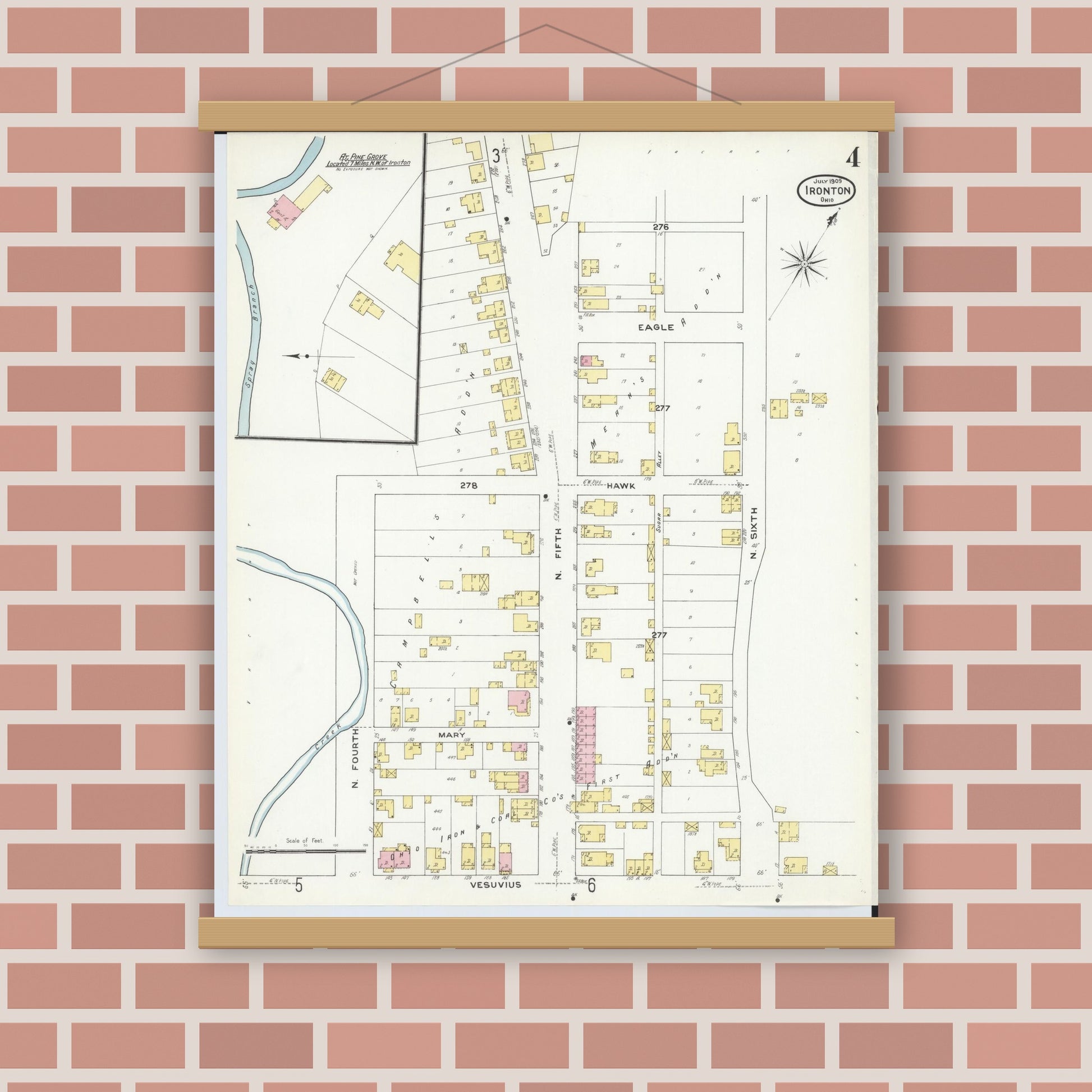 Old map wall art mockup — magnetic wood frame on brick wall — Sanborn Fire Insurance Map from Ironton, Lawrence County, Ohio (1909), Sheet #0004