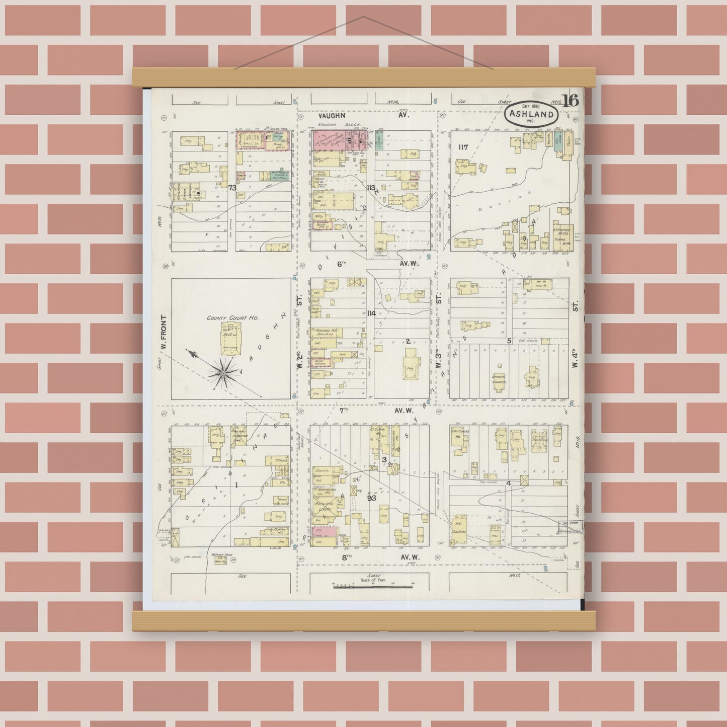 Old map wall art mockup — magnetic wood frame on brick wall — Sanborn Fire Insurance Map from Ashland, Ashland County, Wisconsin (1890), Sheet #0016
