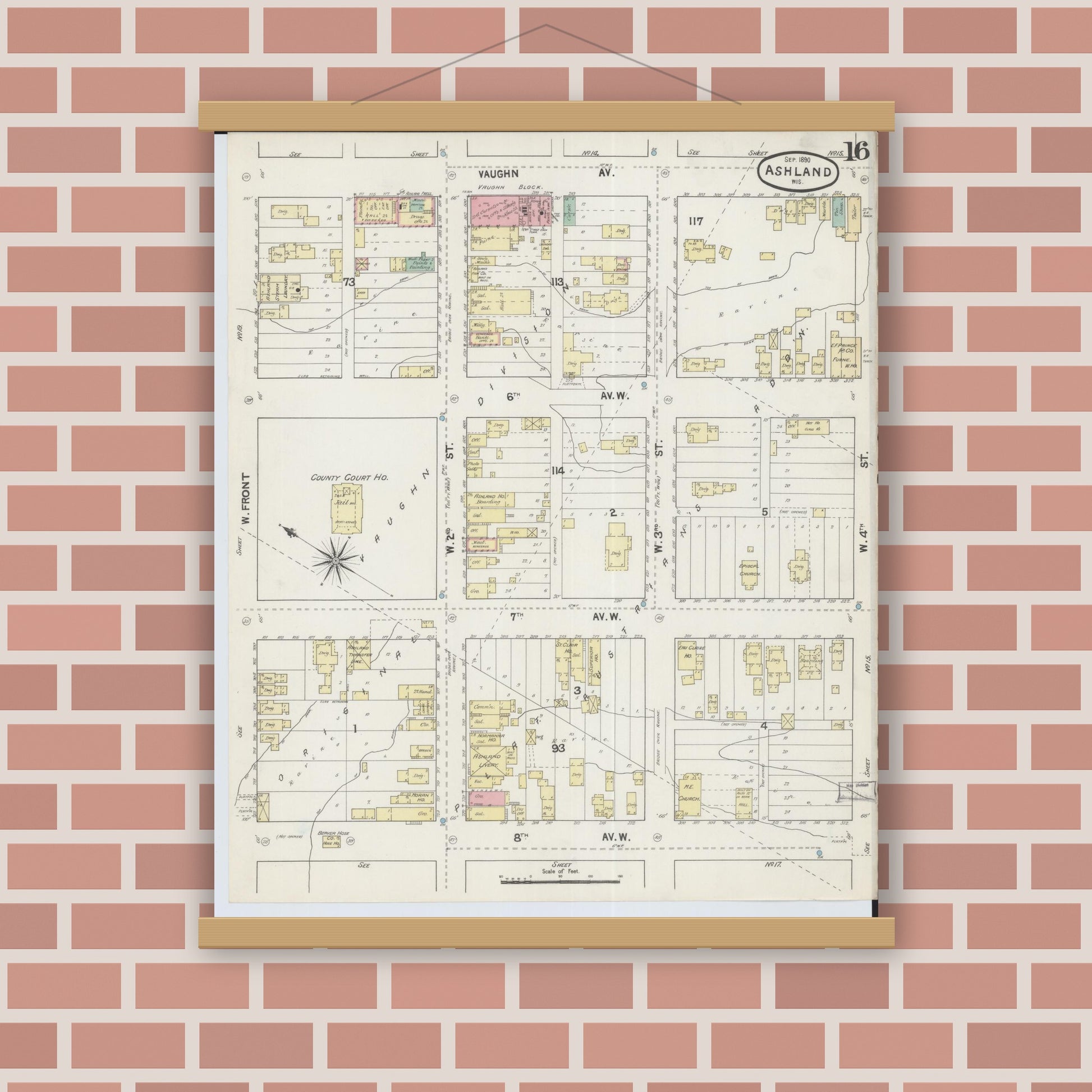 Old map wall art mockup — magnetic wood frame on brick wall — Sanborn Fire Insurance Map from Ashland, Ashland County, Wisconsin (1890), Sheet #0016