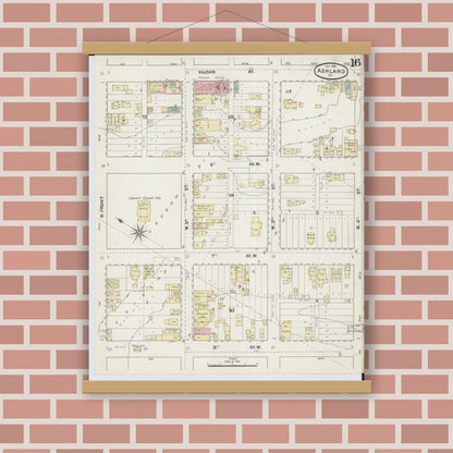 Old map wall art mockup — magnetic wood frame on brick wall — Sanborn Fire Insurance Map from Ashland, Ashland County, Wisconsin (1890), Sheet #0016