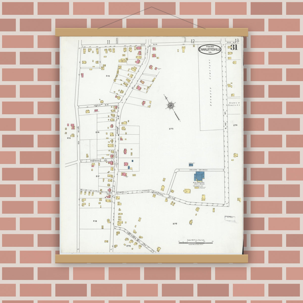 Old map wall art mockup — magnetic wood frame on brick wall — Sanborn Fire Insurance Map from Charlottesville, Independent Cities, Virginia (1920), Sheet #0031