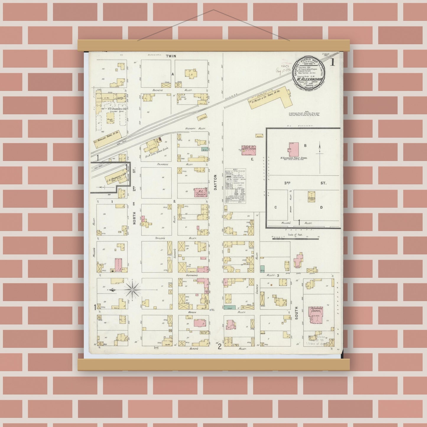 Old map wall art mockup — magnetic wood frame on brick wall — Sanborn Fire Insurance Map from West Alexandria, Preble County, Ohio (1896) - Complete Map Set