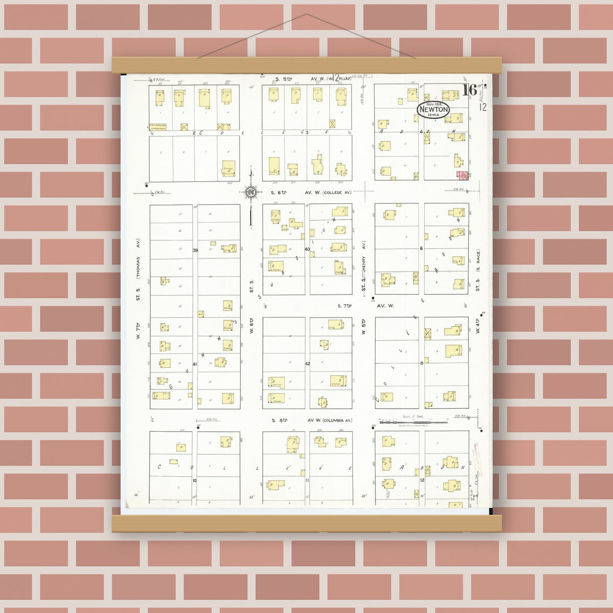 Old map wall art mockup — magnetic wood frame on brick wall — Sanborn Fire Insurance Map from Newton, Jasper County, Iowa (1918), Sheet #0016