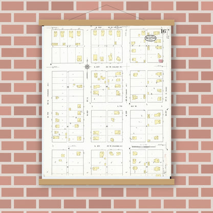 Old map wall art mockup — magnetic wood frame on brick wall — Sanborn Fire Insurance Map from Newton, Jasper County, Iowa (1918), Sheet #0016