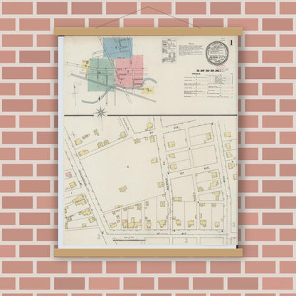 Old map wall art mockup — magnetic wood frame on brick wall — Sanborn Fire Insurance Map from Plain City, Madison And Union Counties, Ohio (1895) - Complete Map Set