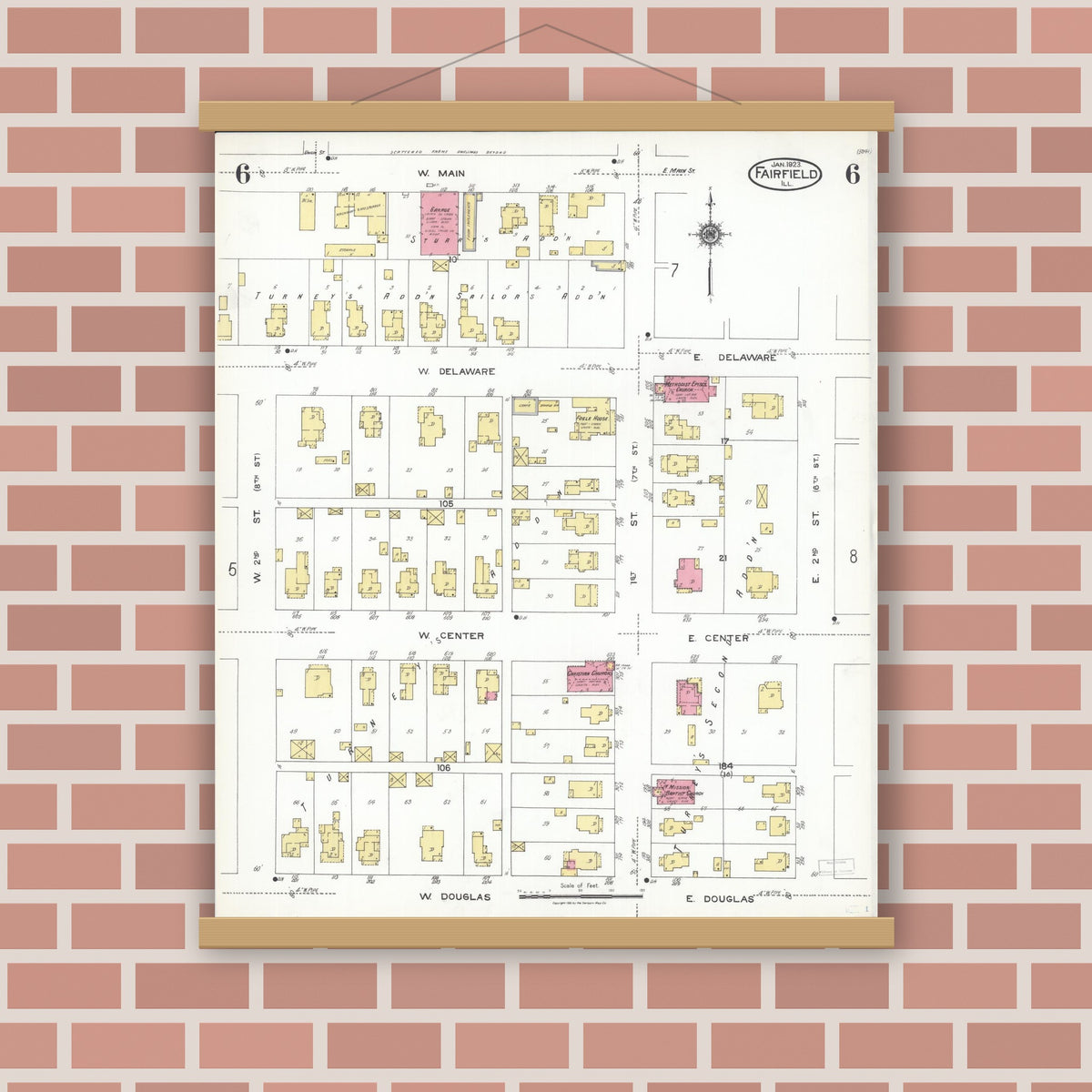Old map wall art mockup — magnetic wood frame on brick wall — Sanborn Fire Insurance Map from Fairfield, Wayne County, Illinois (1923), Sheet #0006