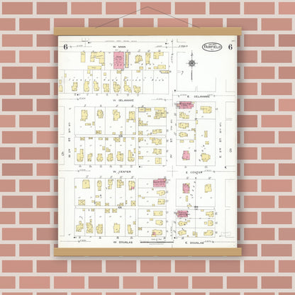 Old map wall art mockup — magnetic wood frame on brick wall — Sanborn Fire Insurance Map from Fairfield, Wayne County, Illinois (1923), Sheet #0006