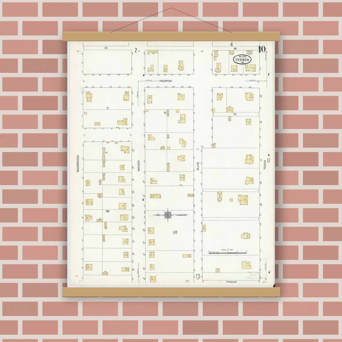 Old map wall art mockup — magnetic wood frame on brick wall — Sanborn Fire Insurance Map from Vernon, Wilbarger County, Texas (1912), Sheet #0010