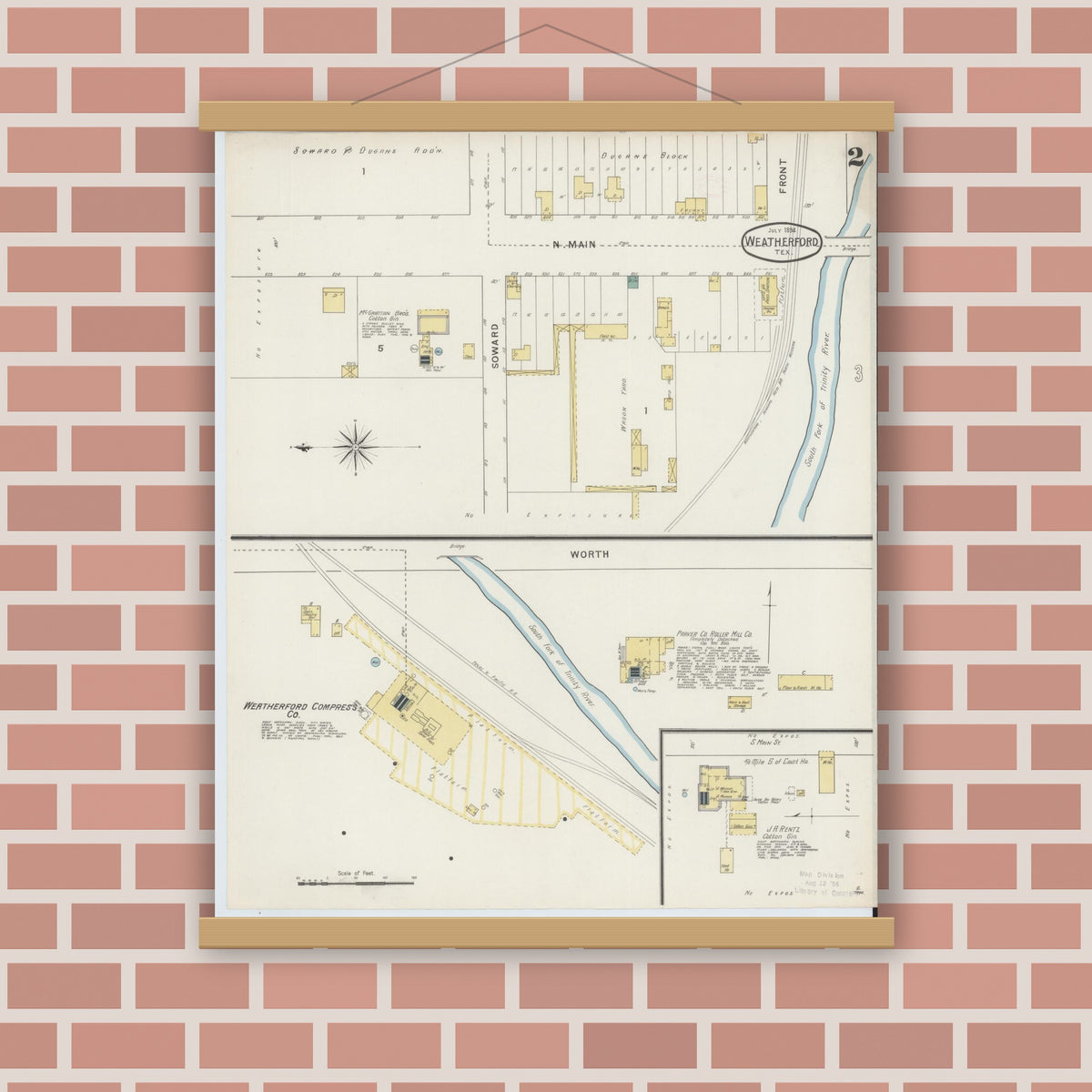 Old map wall art mockup — magnetic wood frame on brick wall — Sanborn Fire Insurance Map from Weatherford, Parker County, Texas (1894), Sheet #0002