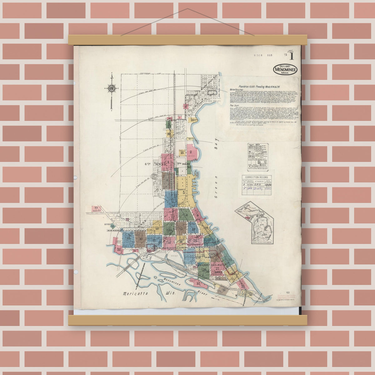 Old map wall art mockup — magnetic wood frame on brick wall — Sanborn Fire Insurance Map from Menominee, Menominee County, Michigan (1950), Sheet #0001