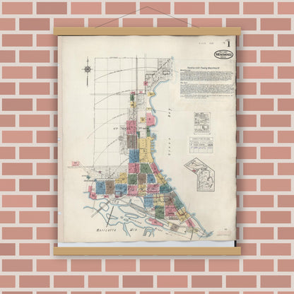 Old map wall art mockup — magnetic wood frame on brick wall — Sanborn Fire Insurance Map from Menominee, Menominee County, Michigan (1950), Sheet #0001