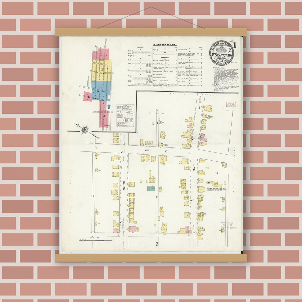 Old map wall art mockup — magnetic wood frame on brick wall — Sanborn Fire Insurance Map from McSherrystown, Adams County, Pennsylvania (1910) - Complete Map Set