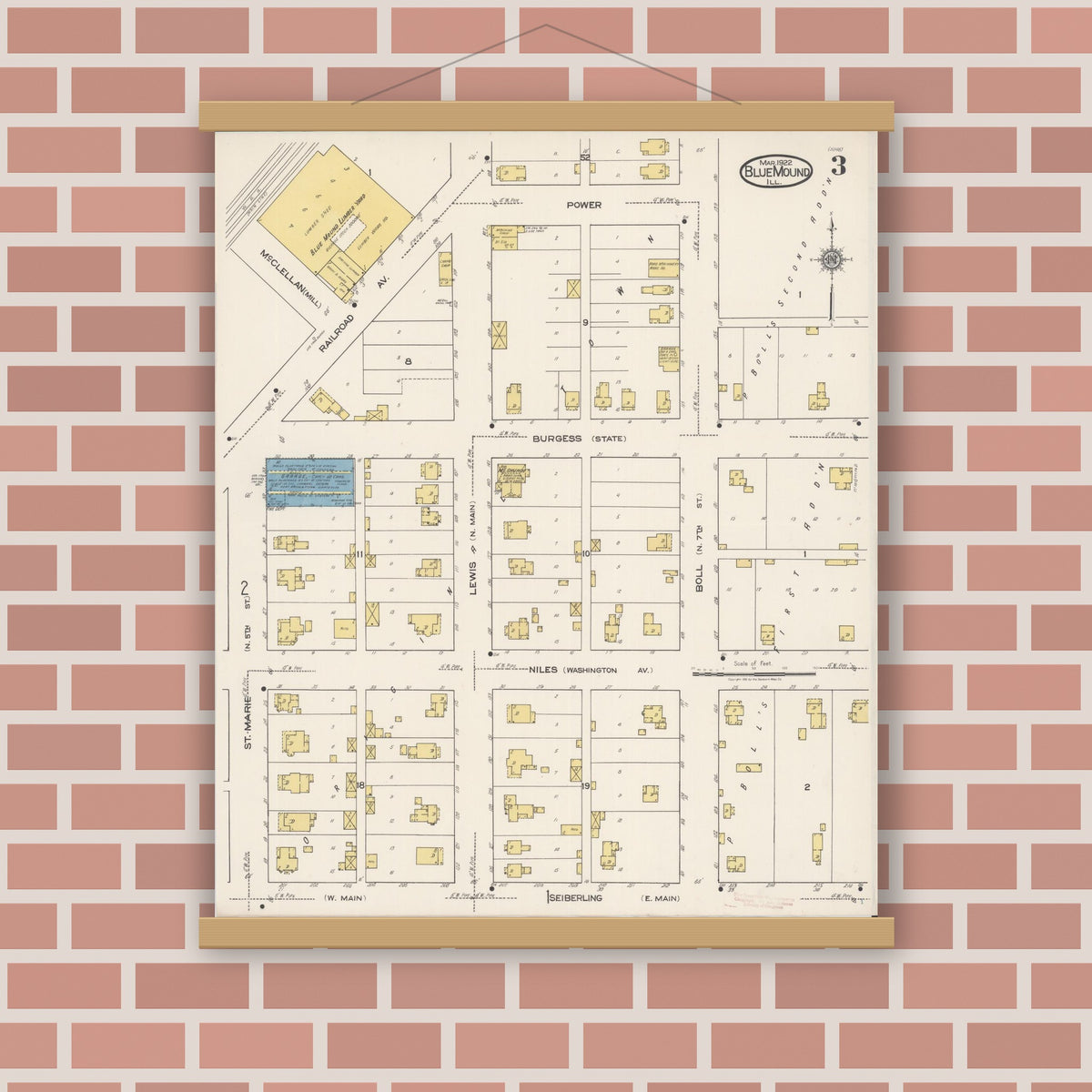 Old map wall art mockup — magnetic wood frame on brick wall — Sanborn Fire Insurance Map from Blue Mound, Macon County, Illinois (1922), Sheet #0003